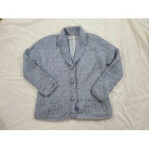 Vintage 70s Bamberger's Women's LARGE Blue Wool Cardigan Sweater Lined Button
